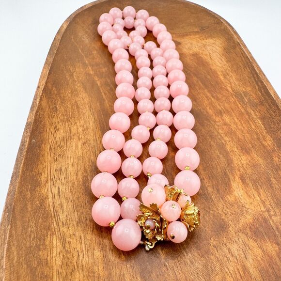 Vintage Pink Lucite Bead Necklace – Double Strand Retro Bubblegum Glam Barbie - Picture 7 of 11